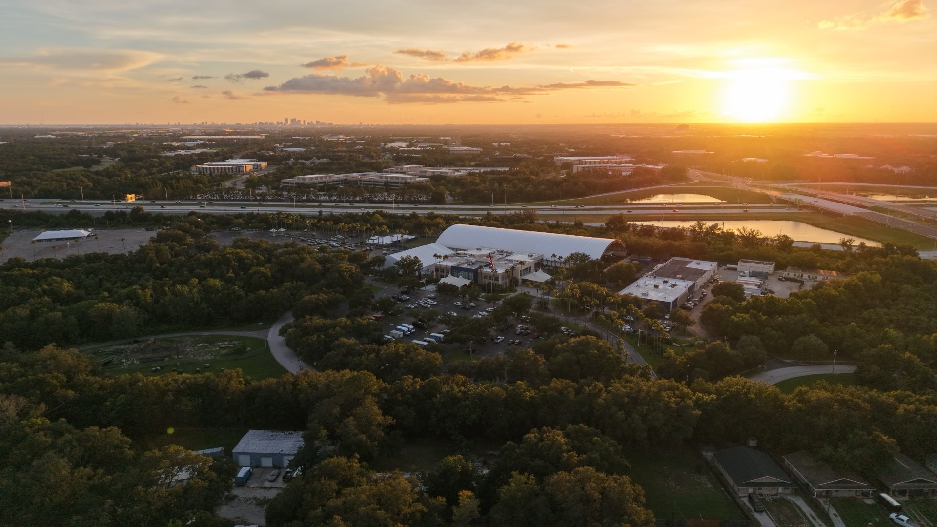 R.M.I. campus and the River Pavilion at sunset with the Tampa skyline