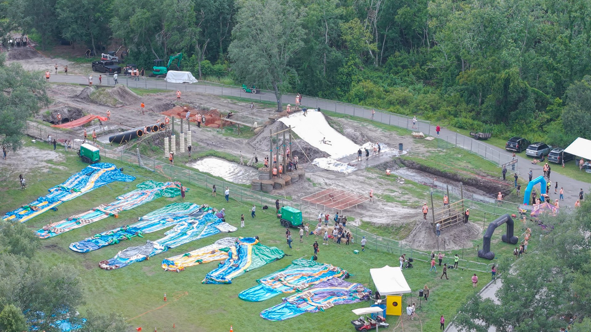 Aerial view of the Crucible Mud Run course and water slides